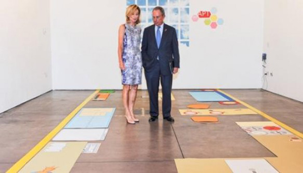 Amanda Burden, then chair of the New York City Planning Commission and director of the Department of City Planning, and Mayor Michael Bloomberg review a floor layout of an entry in the adAPT NYC competition in 2012.