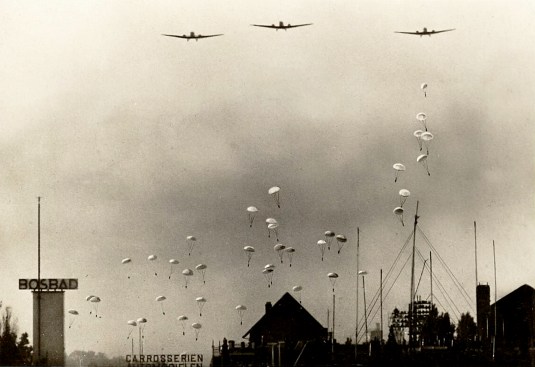 German paratroopers above The Hague neighborhood of Bezuidenhout, Netherlands, on May 10, 1940
