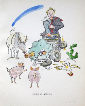 Hans Stephan’s rendition of car trouble in Spain, with Rudolf Wolters depicted behind the wheel. Note the “GBI” license plate. The donkey on the left is saddled with exhibition goods. Stephan did not go on the trip, but contributed his caricaturist skills to the book.