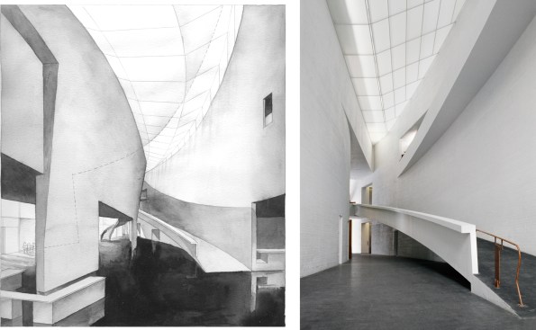 A drawing by Holl next to the corresponding photograph of his Kiasma Museum of Contemporary Art in Helsinki