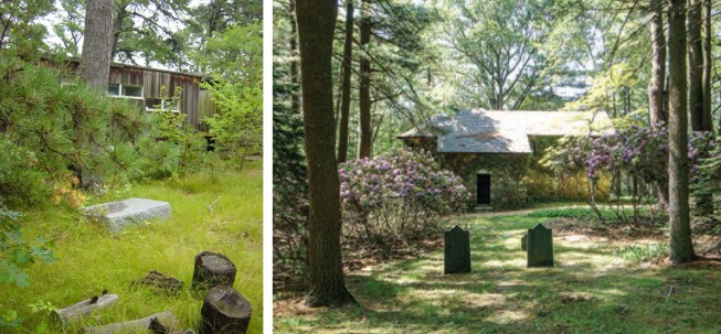 The gravestones of Marcel Breuer in Wellfleet, Mass. (left) and Ralph Adams Cram in Sudbury, Mass.