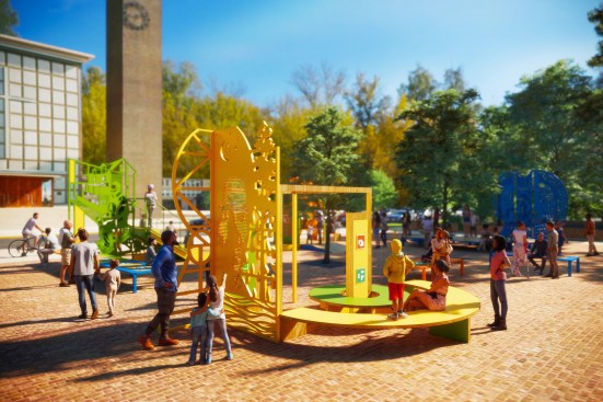 Archival/Revival by Olalekan Jeyifous, sited at the I.M. Pei–designed Cleo Rogers Memorial Library plaza