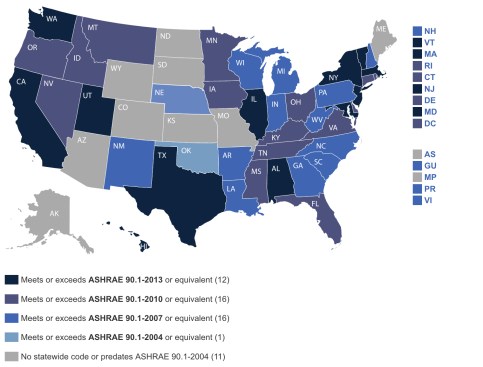 Map of ASHRAE Energy Standard versions referenced in the applied building code, by state
