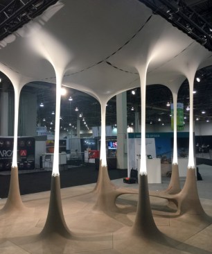 The Generative Design pavilion, one of the highlights of the convention floor, was created through a collaboration between Quarra Stone Co., Autodesk principal research engineer Andy Payne, Simpson Gumpertz & Heger associate principal Paul Kassabian, and University of Michigan assistant professor Sean Ahlquist.