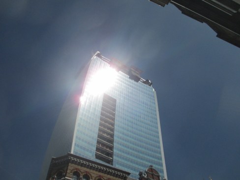 Reflected sunlight from the Walkie Talkie, the 2015 Carbuncle Cup winner (shown here under construction), allegedly melted a Jaguar parked nearby. 