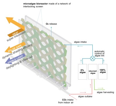 Concept design of the microalgae window for decarbonization and building energy efficiency. An automatic controller enhances performance depending on the carbon dioxide level and solar intensity.