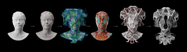 Generative system workflow (l to r): 3D head scan; principal curvature field mapping the minimum and maximum directions; the modified curvature field; mapping the divergence of curvatures from highest (red) to lowest (cyan); support structure generation; fiber generation.