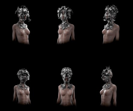 Visualisations of the final, selected, and refined mask designs. Each mask comprises more than 20,000 individual fibers with varying material properties in stiffness and translucency.