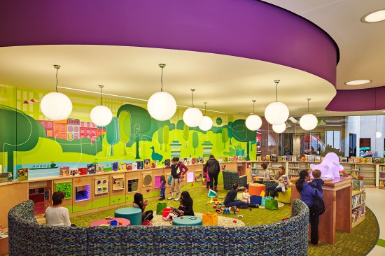 In the Children’s room, broad soffits define a smaller-scaled and playful space.