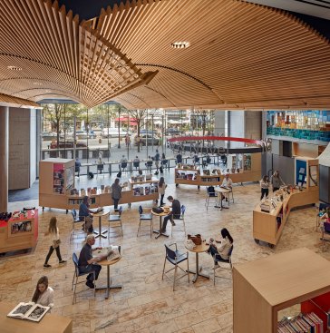 In Boylston Hall, LED downlights integrated into the wood slat ceiling provide general illumination and provide layout flexibility for the various activities that take place in the multipurpose space.