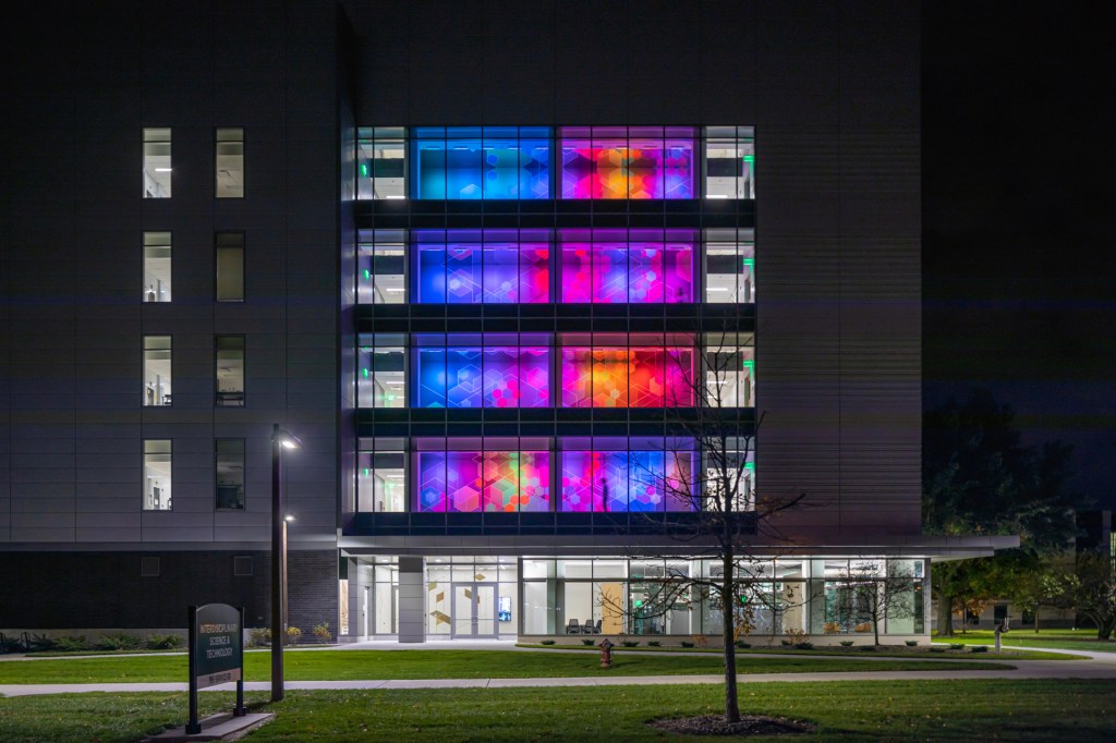 Custom light shows continually transform the mural’s appearance.