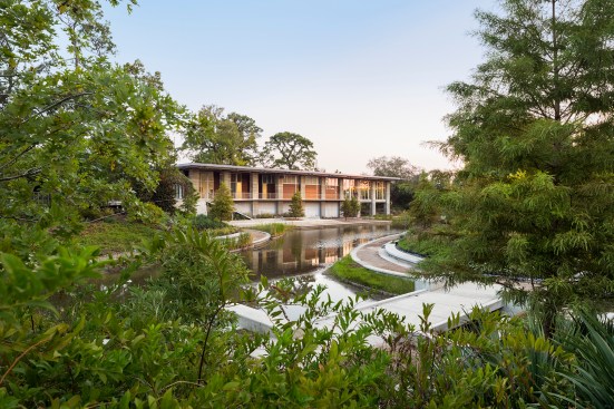 The Boat House at Lost Lake flooded up to, but not over, the floor slab of its second, conditioned story, which houses a restaurant. Seen here after the floodwaters receded, the landscape and infrastructure show no sign that they were underwater two weeks before.