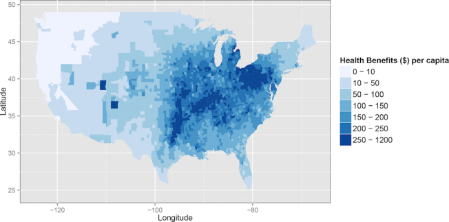 Annual co-benefits per capita for 18 to 99 year-olds under moderately stringent, highly flexible carbon standards in 2020 (2010 USD).