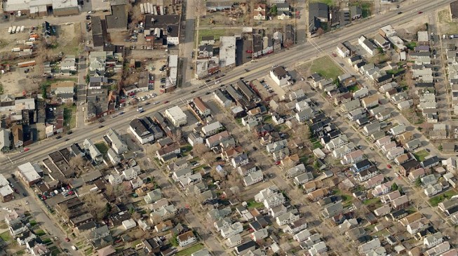 An aerial of the St. Clair-Superior neighborhood on Cleveland's east side, where the CUDC's design/REbuild project renovated its first house