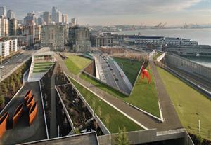 Surrounded by downtown Seattle, the Olympic Sculpture Park is intersected by an arterial highway and railroad tracks. Incorporating this infrastructure into the design, Weiss/Manfredi created an uninterrupted z-shaped landform that wanders from the city to the water's edge.