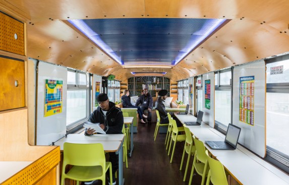 Five Keys Mobile Classroom, Oakland, Calif., a MUNI bus adapted into a mobile schoolhouse by Designing Justice + Designing Spaces