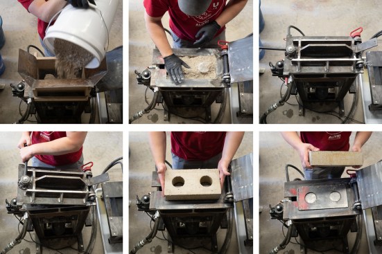 The pressing process for a drywall waste block can occur on-site using portable machines or off-site using existing machinery at conventional CMU plants.