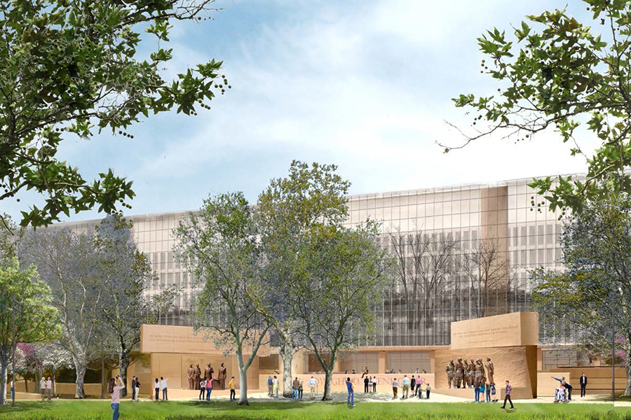 View of memorial core and tapestry from Maryland Avenue, with Lyndon B. Johnson Department of Education Building behind the tapestry. 