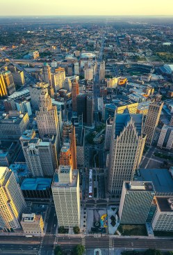 Aerial view looking to the northwest, Power to the People mural by artist Hubert Massey on Woodward Avenue, in Detroit
