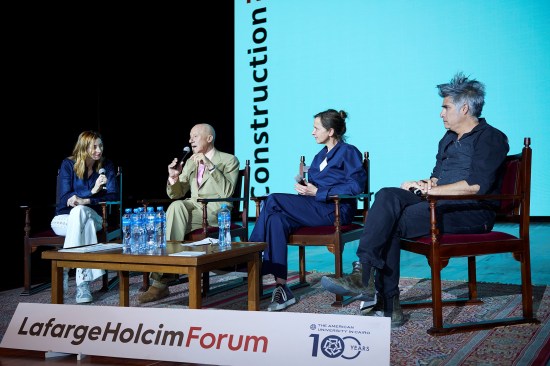 Maria Atkinson, Norman Foster, Christine Binswanger, and Alejandro Aravena take the stage following Foster and Binswanger's keynotes.