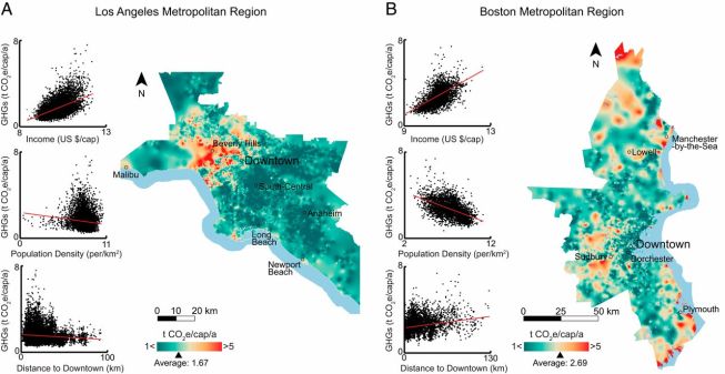Carbon footprints from household energy use in Los Angeles and Boston
