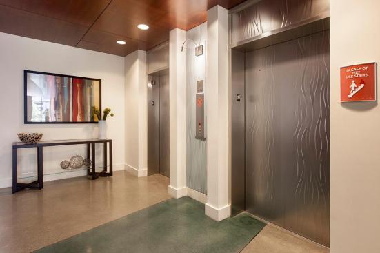 Elevator doors and transoms shown in Stainless Steel with Seastone finish and Campagne pattern at The Matisse, Portland, Oregon