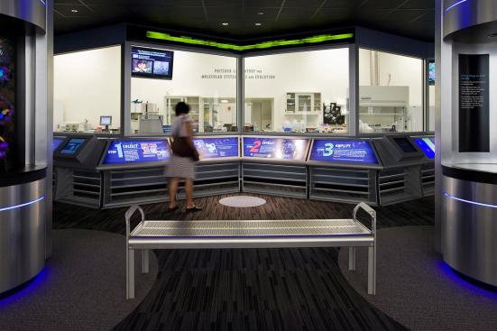 Ratio bench shown in backless configuration with Aluminum Texture powdercoated frame and Stainless Steel seat with Satin finish; custom information displays at The Field Museum - DNA Discovery Center, Chicago, Illinois