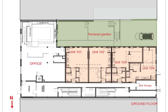 Ground floor plan: entry, office, apartments