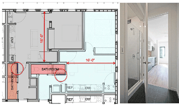 Linear bathroom organization with "corner door" closing off shower and living space; and transforming hallway into bathroom space