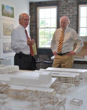 Mayor Riley (left) and Rocco Landesman, the former chairman of the National Endowment of the Arts, in front of a model for the recently completed Gaillard Center
