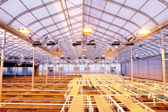 A greenhouse facility equipped with HID reflectors.