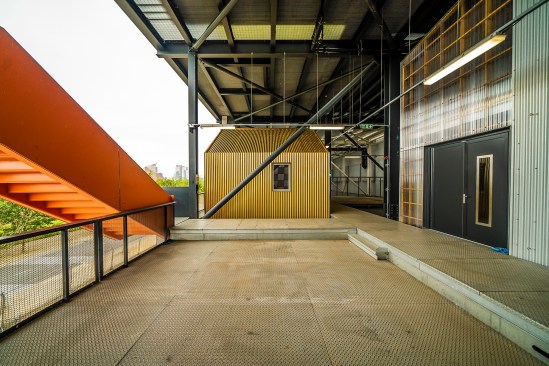 Here East Gantry's plot 1's gold cladding draws from the gold-filled glasses frames made famous by Algha Works