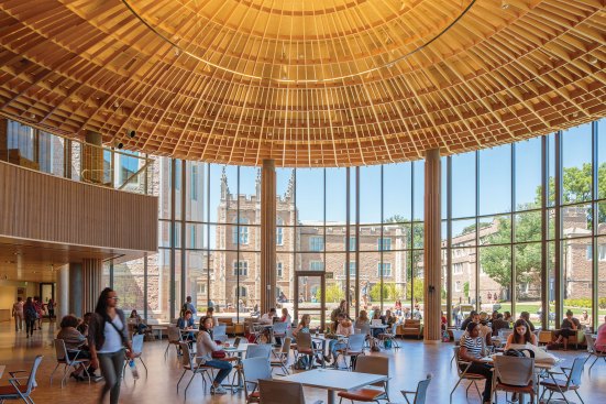 During the day, the forum is a light-filled space that welcomes the entire WashU campus.