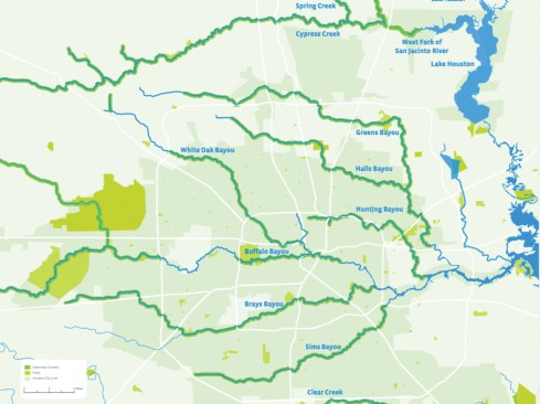 The Bayou Greenways 2020 plan (anticipated new trails and parks appear in dark green)