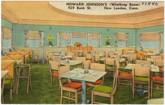 An illustration of the dining room at a Howard Johnson's location in New London, Conn.