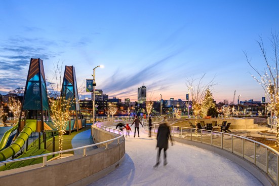A 16,000-square-foot ice feature transforms into a recreational park space in warmer seasons. During winter months, the trail will gently extend along rolling hills and over a bridge into the park, giving visitors a one of a kind winter skating experience.