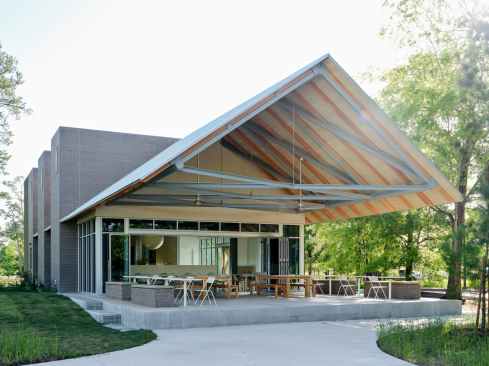 The Vibrant restaurant, designed by Schaum Architects, in Houston's Memorial Park, was built, in part, using Accoya tongue and groove exterior cladding.