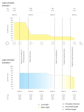 Tunable luminaries can be programmed to change circadian stimulus. In these two hypothetical examples, the top schedule increases and decreases light output while fixing color temperature, while the bottom schedule alters both light levels and color temperature.