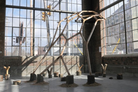 Full-scale installation, showing one leg and the crown of a three-legged reticular shell
