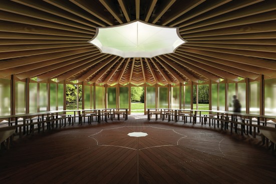 Serpentine Pavilion 2023, designed by Lina Ghotmeh — Architecture. Design render, interior view.