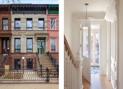Left: The front façade was fitted with retractable Hella shades that help prevent heat gain. Right: The architects saved and restored or replicated as much historic woodwork as possible to preserve the character of the 1889 house.