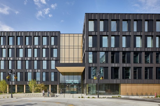 Catalyst is a 165,000 square-foot building in Spokane, Wash., designed by Michael Green Architecture and constructed by Katerra.