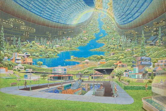 Don Davis (American, born 1952). Stanford torus interior view. 1975. Acrylic on board, 17 × 22″ (43.1 × 55.9 cm). Commissioned by NASA for Richard D. Johnson and Charles Holbrow, eds., Space Settlements: A Design Study (Washington, D.C.: NASA Scientific and Technical Information Office, 1977). Illustration never used. Collection Don Davis.