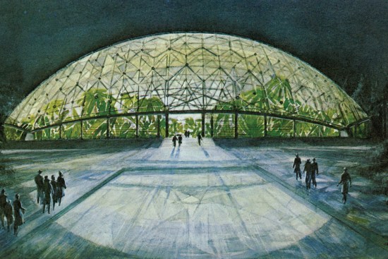 Unknown artist. “The Climatron in winter–Shaw’s Garden–Saint Louis.” c. 1960. Postcard. 4 × 8″ (10.2 × 20.3 cm). The Missouri Botanical Garden Archives.