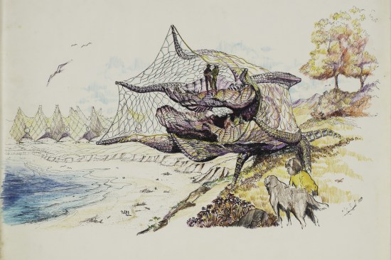 Glen Small (American, born 1937). Biomorphic Biosphere. Project, 1969–82. Drawing of a flying house. 1973. Ink and watercolor on paper, 16 × 20″ (40.6 × 50.8 cm). Collection Glen Small.