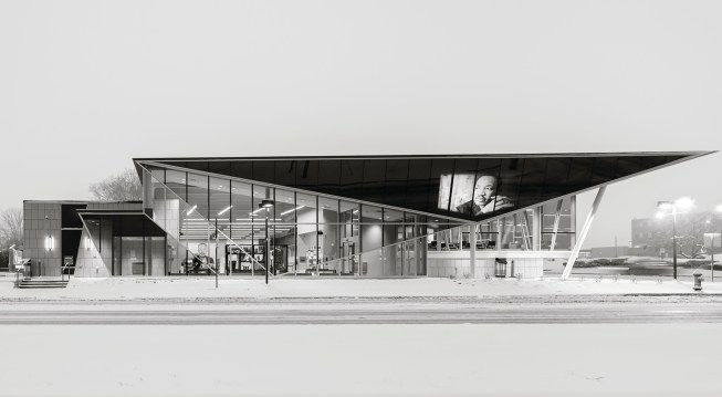 Martin Luther King Branch Library, Columbus Metropolitan Library, in Columbus, Ohio, during a snowstorm