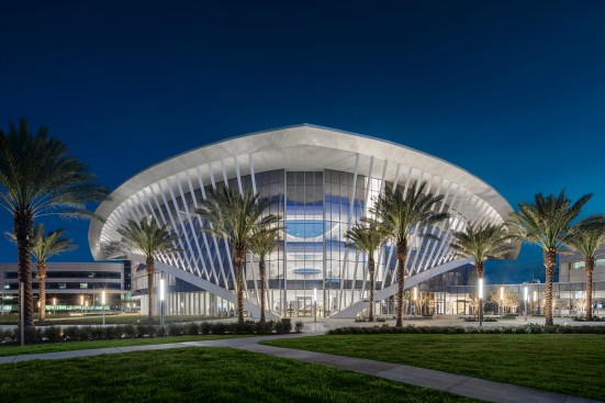 The union's cosmoslike ceilings and lighting blend with the Floridian dusk sky.