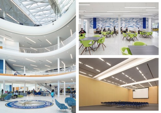 Lighting arranged in orbital and meteor-like placement in the open student lounge spaces.