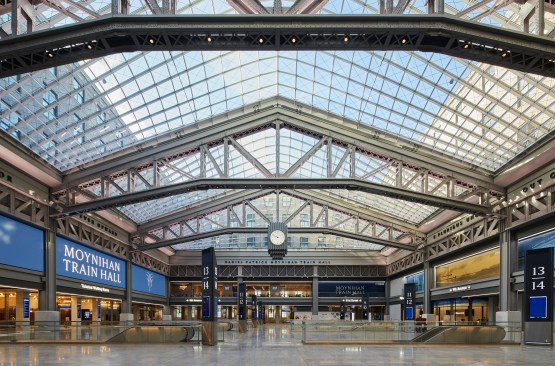 The main hall features trusses from the old Farley Post Office