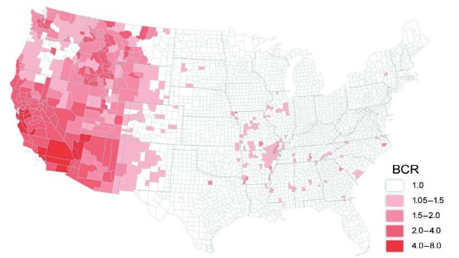 Benefit-cost ratio of earthquake mitigation that would result from increasing the strength of stiffness of new buildings above the 2015 IRC and 2015 IBC requirements (by county)